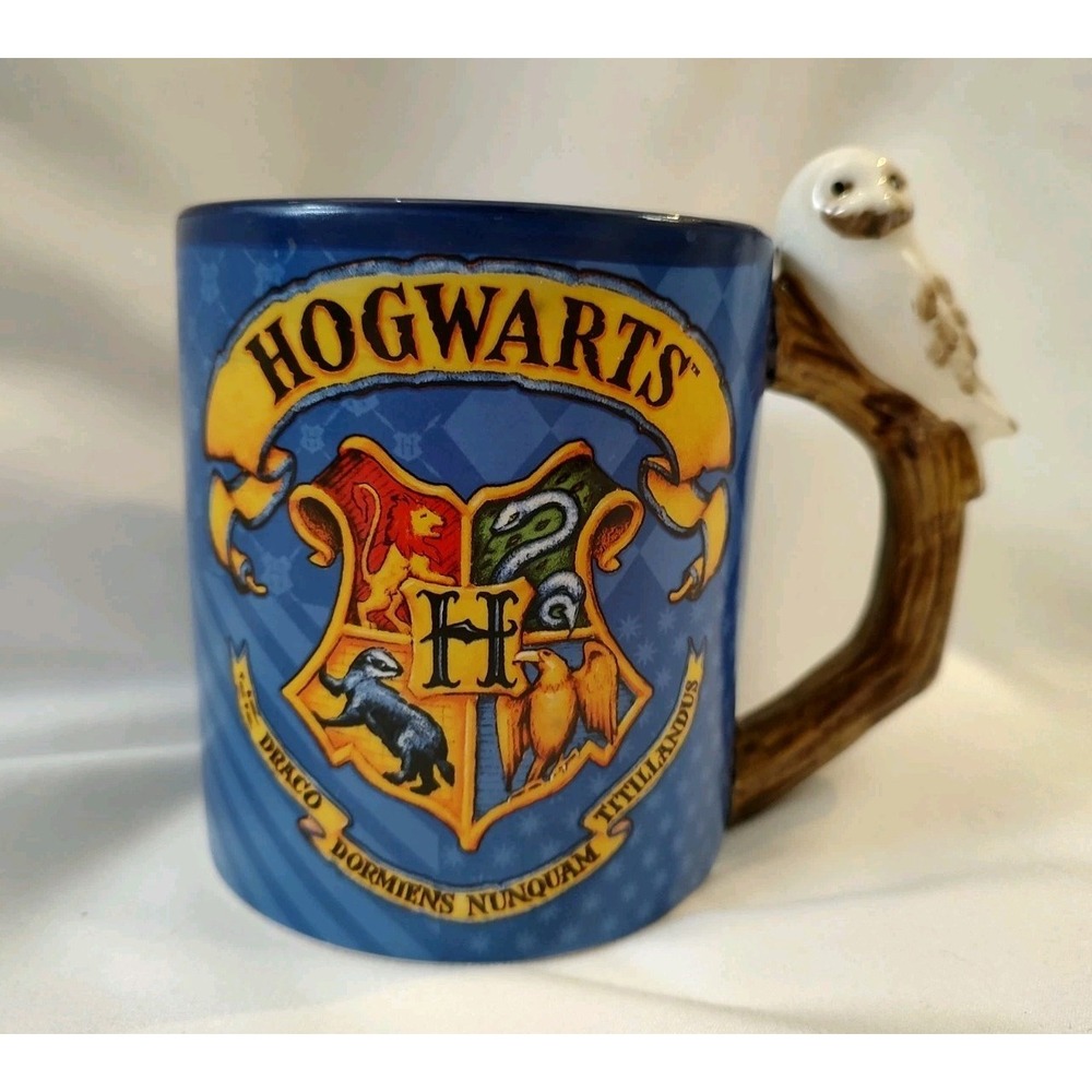 Harry Potter Hogwarts Crest Coffee Mug Silver Buffalo 20 Oz Hedwig Owl Handle
